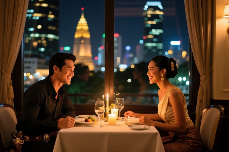 A Western man and a beautiful Thai ladyboy on a romantic date in Bangkok