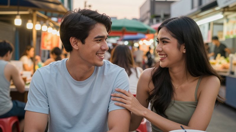A couple on a casual date at an outdoor cafe in Thailand