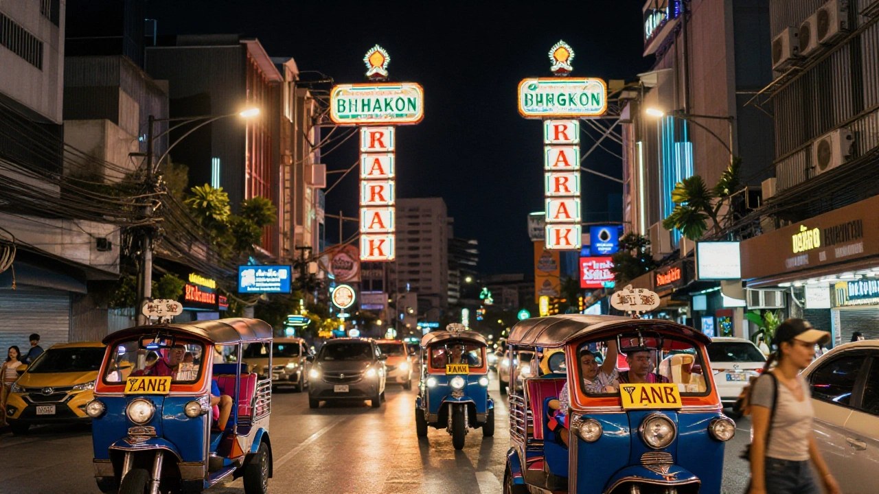 Neon lights and nightlife along a busy Bangkok street at night