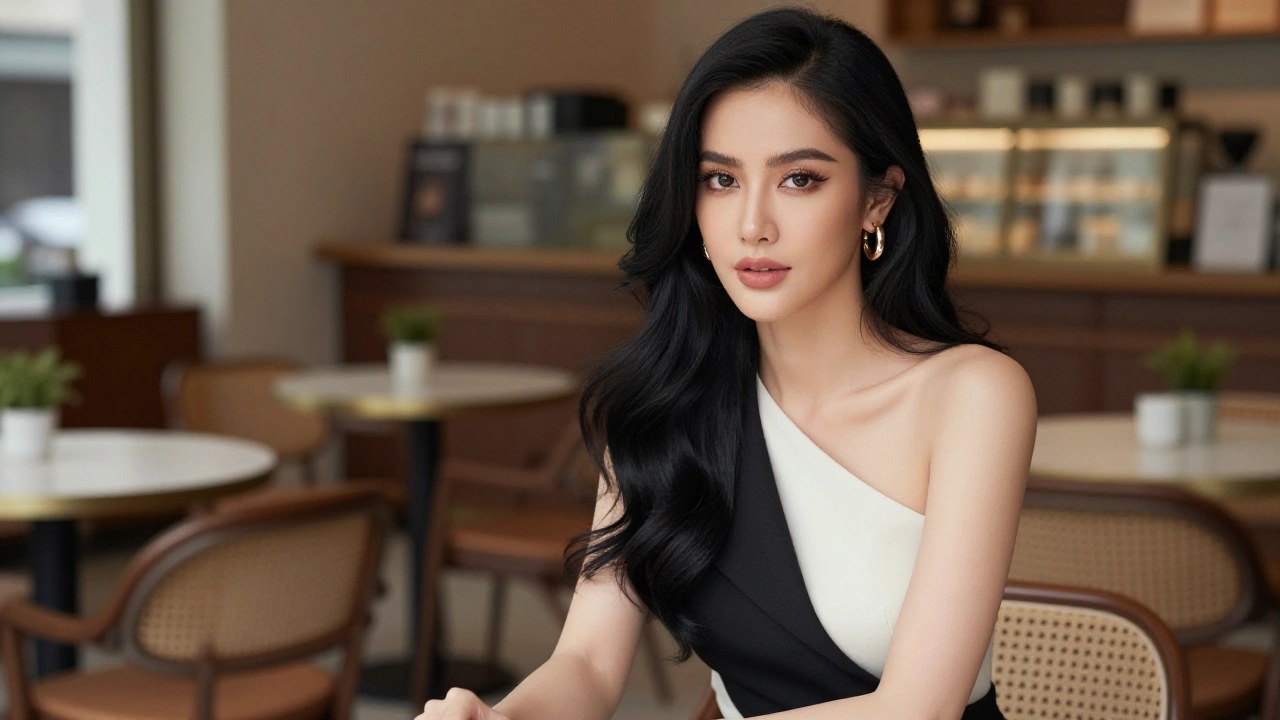 A beautiful Thai ladyboy with flawless makeup and long hair at a cafe in Bangkok