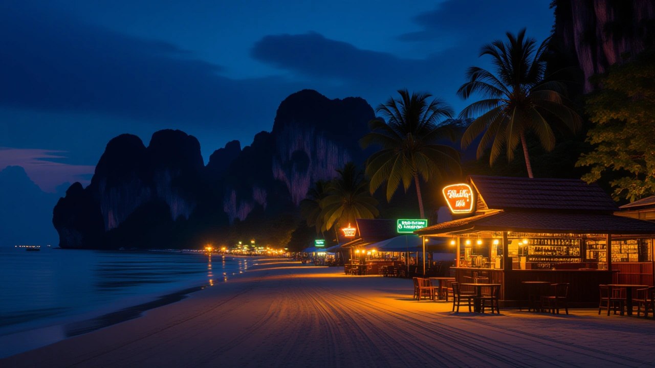 Ao Nang Beach Road at night with illuminated bars and limestone cliffs in the background